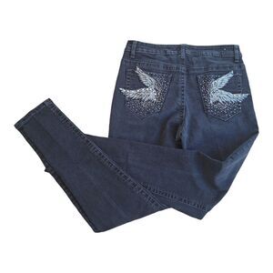 Rebel & Soul Embellished Skinny Jean Glitzy Wings Black Stretch Denim women's 10